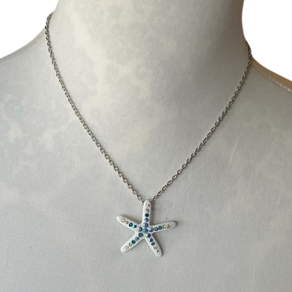 Silver Tone Starfish Pendant Necklace w/ Blue Crystal Accents